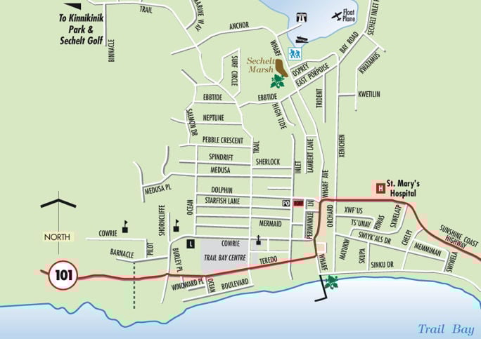Explore the town of Sechelt BC Downtown Sechelt Map