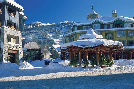 Whistler Town Plaza on a snowy sunny day